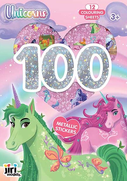 100 metalických samolepiek s maľovankovými listami Jednorožce